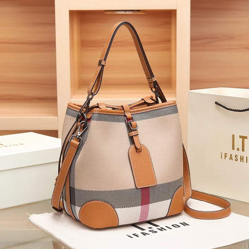 High-end Feel Women's Bucket Bag 2023 New Large Capacity Single Shoulder Slant Crossbody Bag Versatile Light Luxury Plaid Trendy