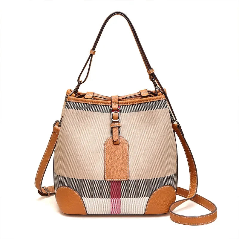 High-end Feel Women's Bucket Bag 2023 New Large Capacity Single Shoulder Slant Crossbody Bag Versatile Light Luxury Plaid Trendy